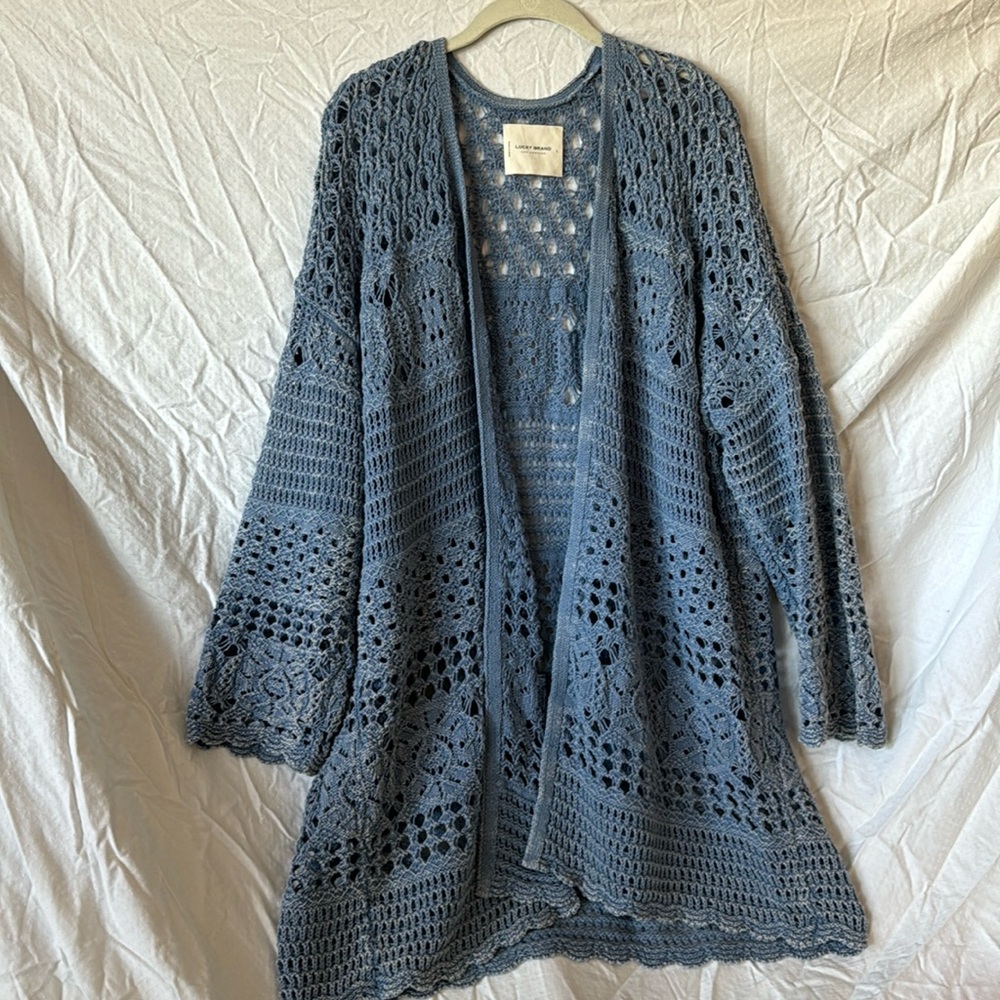 Lucky Brand Blue open crochet cardigan